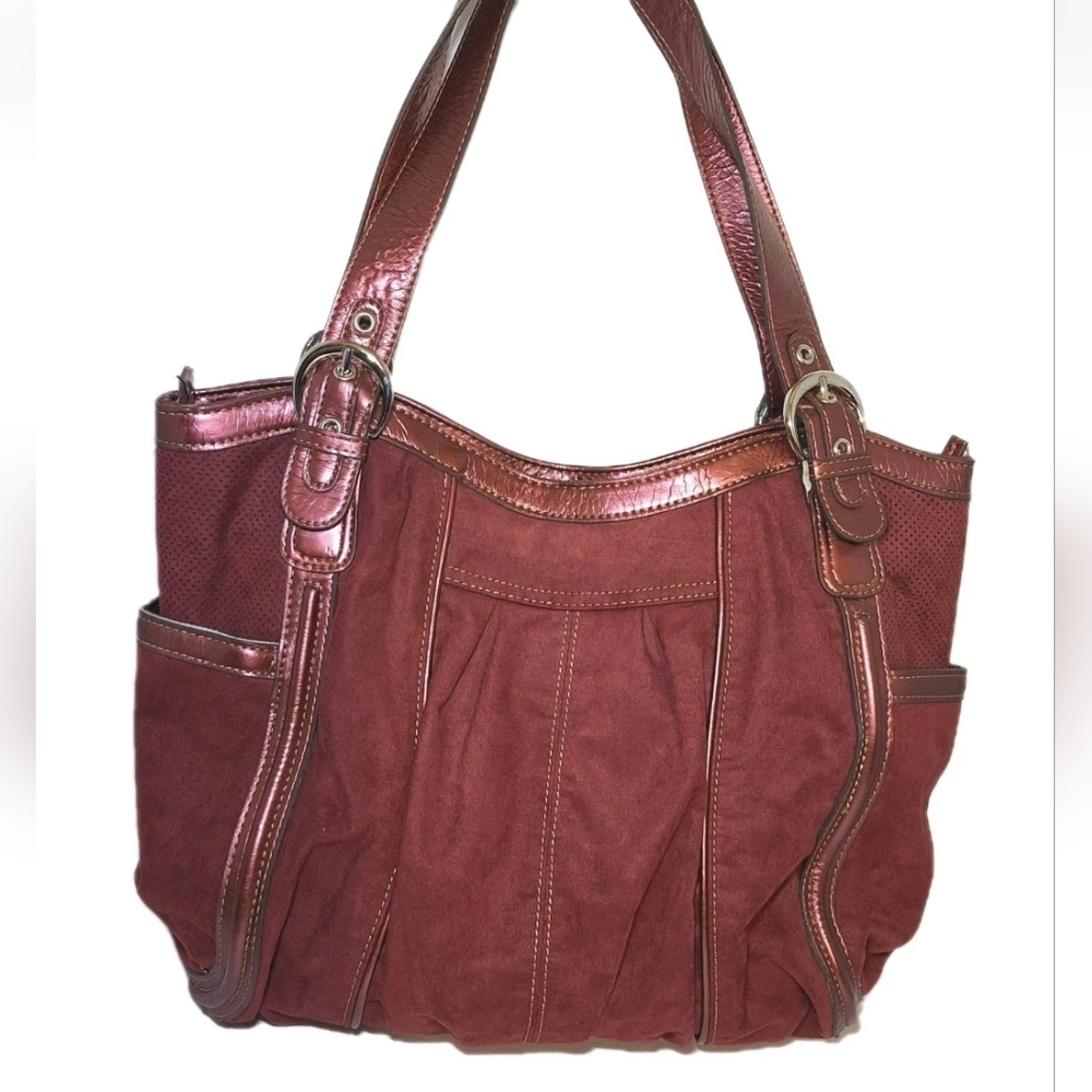 Mondani New York Large Faux Leather Red Pink Shoulder Bag Metallic Handles EUC